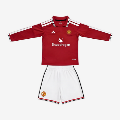 Manchester United Home 26/27 Kids Long Sleeve Shirt Kit - Front View - Jersey Zone